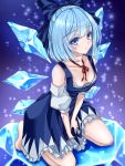 1girl :o arms_between_legs bangs bare_legs bare_shoulders barefoot blue_background blue_bow blue_dress blue_eyes blue_hair blush bow breasts cirno cleavage clothes_grab collarbone downblouse dress dress_grab eyebrows_visible_through_hair feet frilled_skirt frills gradient gradient_background ice ice_wings kneeling leaning_forward light_particles looking_at_viewer loose_clothes medium_hair mktr_(princess_mktr) neck_ribbon puffy_short_sleeves puffy_sleeves red_ribbon ribbon shirt short_sleeves skirt small_breasts solo swept_bangs thighs touhou white_shirt wings 