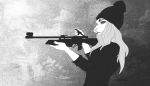  anthro catherinemeow claws clothed clothing detailed_background domestic_cat felid feline felis female fur gun hair hat headgear headwear holding_object holding_weapon mammal monochrome ranged_weapon rifle solo weapon white_body white_fur 