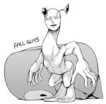  1other antennae commentary_request copyright_name costume fall_guy fall_guys greyscale horror_(theme) looking_at_viewer monochrome monster noise_(st_noi3) nude open_mouth simple_background solo standing what white_background 