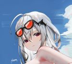  1girl ahoge arknights bangs bare_shoulders blue_sky chinese_commentary cloud commentary_request day eyewear_on_head hair_between_eyes hair_ornament highres long_hair no_hat no_headwear omone_hokoma_agm portrait red_eyes silver_hair skadi_(arknights) sky solo sunglasses whale_hair_ornament 
