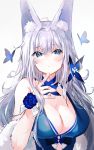  1girl animal_ear_fluff animal_ears azur_lane bangs bare_shoulders blue_butterfly blue_collar blue_dress blue_eyes blush breasts cleavage collar dress feather_boa finger_to_chin fox_ears fox_girl grey_hair hair_between_eyes hair_ornament halter_dress highres irohatomo large_breasts long_hair shinano_(azur_lane) shinano_(light_of_the_hazy_moon)_(azur_lane) simple_background solo upper_body wrist_flower 