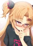  1girl akatsuki_uni bangs bare_shoulders black_shirt blonde_hair blush brown-framed_eyewear closed_mouth clothes_writing collarbone eyebrows_visible_through_hair glasses hair_ornament hairclip hand_up highres long_hair looking_away looking_to_the_side nose_blush off_shoulder ogami_kazuki parted_bangs red_eyes semi-rimless_eyewear shirt short_sleeves solo two_side_up under-rim_eyewear uni_channel upper_body virtual_youtuber white_background 