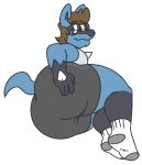  2018 ambiguous_gender anthro big_butt blue_body bottomwear butt canid canine clothed clothing cole_(colelucario) colelucario digital_media_(artwork) eyewear footwear glasses hair looking_back lucario male_(lore) mammal nintendo pok&eacute;mon pok&eacute;mon_(species) shorts simple_background socks solo thick_thighs video_games white_background wide_hips 