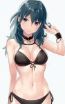  1girl bikini black_bikini black_choker black_swimsuit blue_background blue_hair blush bracelet breasts byleth_(fire_emblem) byleth_(fire_emblem)_(female) choker closed_mouth commentary_request cowboy_shot eyebrows_visible_through_hair fire_emblem fire_emblem:_three_houses hair_between_eyes haru_(nakajou-28) head_tilt highres holding holding_hair jewelry long_hair looking_at_viewer medallion medium_breasts navel purple_eyes side-tie_bikini simple_background smile solo swimsuit wristband 