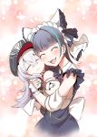  2girls :d ^_^ ^o^ ascot azur_lane breasts cape cheek-to-cheek cheshire_(azur_lane) cleavage closed_eyes detached_collar detached_sleeves fur-trimmed_cape fur_trim grey_hair hat hug long_hair maid maid_headdress multicolored_hair multiple_girls open_mouth peaked_cap short_hair silver_hair size_difference smile steed_(steed_enterprise) two-tone_hair zeppelin-chan_(azur_lane) 