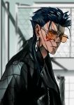  1boy alternate_costume blue_hair bodypaint chain-link_fence closed_mouth cu_chulainn_(fate)_(all) cu_chulainn_alter_(fate/grand_order) earrings fate/grand_order fate_(series) fence frown jacket jewelry leather leather_jacket long_hair looking_back looking_to_the_side ponytail red_eyes shadow solo spiked_hair sunglasses teapotkaede tinted_eyewear type-moon 