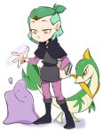  1girl 2others akada amity_blight book boots brown_hair character_request crossover ditto earrings gen_1_pokemon green_hair highlights jewelry magic multicolored_hair multiple_others pointy_ears pokemon pokemon_(creature) short_ponytail the_owl_house two-tone_hair yellow_eyes 