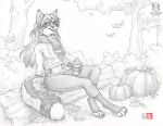  2020 anthro autumn beverage canid canine clothed clothing coffee cup falling_leaves fangs female food fox fruit fully_clothed fungus greyscale hair kacey log mammal midriff monochrome mushroom open_mouth outside plant pumpkin scarf solo sweater teeth topwear tree venus_(kacey) wood 