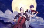  2boys alfred_(bjyayl) black_hair black_neckwear blue_neckwear bow bow_(instrument) bowtie cello closed_eyes closed_mouth commentary_request formal highres instrument mixed-language_commentary moon multicolored_hair multiple_boys music necktie night night_sky outdoors playing_instrument purple_hair sky smile violin vocaloid vsinger white_hair yuezheng_longya zhiyu_moke 