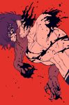  1boy akutsumi amputee biting black_blood black_hair black_nails bleeding blood blood_on_face collarbone devilman dripping fingernails fudou_akira guro injury male_focus muscle red_background red_eyes severed_arm severed_limb sharp_fingernails shirtless simple_background solo teeth upper_teeth 