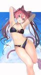  1girl animal_ears arms_behind_head bikini black_bikini blue_eyes blue_sky breasts cat_ears cat_tail cloud collarbone commentary_request feet_out_of_frame highres long_hair medium_breasts navel original parted_lips red_hair sakuhiko sky solo swimsuit tail twintails 