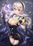  1girl artist_name black_gloves breasts cape cleavage commentary corrin_(fire_emblem) corrin_(fire_emblem)_(female) elbow_gloves eyebrows_visible_through_hair fire_emblem fire_emblem_fates fire_emblem_heroes gloves hairband haru_(nakajou-28) highres long_hair looking_at_viewer medium_breasts pointy_ears red_eyes solo stone torn_cape torn_clothes white_hair 