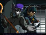  2020 anthro canid canine capcom carmelita_fox clothing crossed_arms crossover dialogue droll3 duo eyewear female fox fur gate glasses hat headgear headwear hi_res inside lipstick makeup male mammal police_uniform procyonid raccoon resident_evil sly_cooper sly_cooper_(series) sony_corporation sony_interactive_entertainment sucker_punch_productions teeth uniform video_games 
