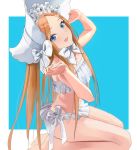  1girl abigail_williams_(fate/grand_order) abigail_williams_(swimsuit_foreigner)_(fate) bangs bare_shoulders barefoot bikini blonde_hair blue_background blue_eyes blush bonnet border bow breasts fate/grand_order fate_(series) forehead hands_up legs long_hair looking_at_viewer multiple_bows na_(piyopiyokamera) open_mouth parted_bangs seiza sidelocks sitting small_breasts smile swimsuit white_bikini white_border white_bow white_headwear 