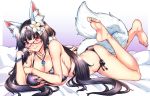  1girl animal_ears bangs bare_shoulders bed_sheet bikini black_bikini black_hair blush breasts cleavage closed_mouth collarbone fate/grand_order fate_(series) fox_ears fox_girl fox_tail hairband highres lady_foxy large_breasts legs long_hair looking_at_viewer lying magatama magatama_necklace on_bed on_stomach osakabe-hime_(fate/grand_order) red-framed_eyewear red_eyes shirokuma_a smile swimsuit tail twintails very_long_hair white_hairband 