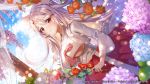  1girl animal_ears apple_caramel artist_name breasts cloud commission day dutch_angle flower flower_request highres holding holding_flower hydrangea long_sleeves medium_breasts original red_skirt skirt solo underboob 