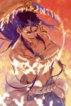  1boy belt biceps blue_hair chiizu_namasu collarbone colored_pubic_hair cu_chulainn_(fate)_(all) cu_chulainn_(fate/grand_order) earrings fang fate/grand_order fate_(series) fire highres jewelry long_hair magic muscle navel open_mouth pubic_hair red_eyes runes shirtless solo sparkle spiked_hair staff type-moon 