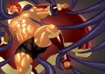  1boy abs bara bare_chest beard bound bound_arms bound_legs boxers bulge cape chest facial_hair fate/grand_order fate/zero fate_(series) feet_out_of_frame fur_trim iskandar_(fate) mabataki male_focus manboobs muscle navel nipple_tweak nipples red_cape red_eyes red_hair sandals short_hair solo tentacles_on_male underwear 