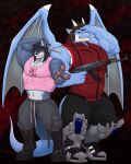  2020 4:5 anthro big_muscles boots bottomwear canid canine canis clothing croiyan dark_background dragon duo eye_scar footwear gun hair hi_res horn huge_muscles male mammal midriff muscular muscular_anthro pants ranged_weapon scar teeth weapon wings wolf 
