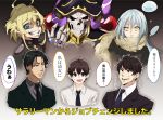  1girl 1other 4boys ahoge ainz_ooal_gown androgynous bangs black_hair blonde_hair blue_eyes blue_hair brown_eyes brown_hair collar crossover dual_persona eyebrows_visible_through_hair formal fur_collar fur_trim grin hair_between_eyes highres hood long_hair looking_at_viewer military military_uniform multiple_boys necktie open_mouth overlord_(maruyama) red_eyes rimuru_tempest sakusan_yousoeki scarf short_hair simple_background skeleton skull slime smile suit sweat tanya_degurechaff tensei_shitara_slime_datta_ken translation_request uniform yellow_eyes youjo_senki 