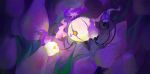  absurdres blush chandelure closed_mouth commentary_request eye_contact fire flower gen_5_pokemon highres huge_filesize inkay_(ik03) litwick looking_at_another no_humans orange_eyes pokemon pokemon_(creature) purple_fire purple_flower smile 