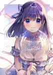  1girl bangs blue_eyes blush branch breasts closed_mouth cloud dated dress ear_piercing eyebrows_visible_through_hair frilled_dress frills geshumaro hair_ribbon happy_birthday highres holding jewelry large_breasts medium_hair original piercing purple_dress purple_hair ribbon signature solo strapless strapless_dress upper_body 