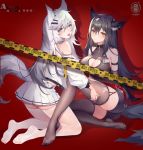  2girls absurdres animal_ear_fluff animal_ears arknights arm_strap artist_name ass bangs bare_shoulders belt black_hair black_legwear black_nails blue_eyes blush breasts brown_eyes cat_ears caution_tape cleavage cleavage_cutout closed_mouth clothing_cutout collarbone commentary_request detached_sleeves eyebrows_visible_through_hair feet from_side garter_straps hair_between_eyes hair_ornament hairclip hand_on_another&#039;s_leg heart_cutout highres id_card jacket knee_up kneeling lappland_(arknights) large_breasts long_hair long_sleeves looking_at_viewer medium_breasts melailai miniskirt multiple_girls no_shoes off-shoulder_jacket off_shoulder pleated_skirt red_background red_belt scar silver_hair sitting skindentation skirt star_(symbol) star_print tail texas_(arknights) thighhighs tongue tongue_out torn_clothes torn_legwear very_long_hair white_jacket white_legwear wolf_ears yellow_eyes zettai_ryouiki zipper_pull_tab 