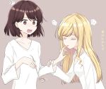  2girls blonde_hair brown_background brown_eyes brown_hair claire_francois closed_eyes collarbone commentary_request finger_licking highres holding holding_ladle korean_commentary krill55 ladle licking long_sleeves looking_at_another multiple_girls open_mouth rei_taylor translated watashi_no_oshi_wa_akuyaku_reijou yuri 