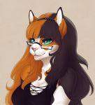  anthro black_body black_fur black_hair blue_eyes breasts brown_body brown_fur brown_hair catherinemeow clothed clothing domestic_cat eyewear felid feline felis female fur glasses hair hi_res mammal melody_(mellybyte) multicolored_hair open_mouth open_smile simple_background smile solo tongue two_tone_hair white_body white_fur 