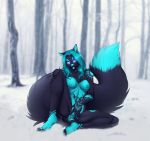  anthro black_body black_fur blue_body blue_fur blue_hair bodily_fluids breasts butt canid canine canis catherinemeow claws detailed_background female fluffy fluffy_tail freya_(zionsangel) fur genital_fluids genitals hair hi_res mammal multicolored_body multicolored_fur nipples open_mouth open_smile purple_eyes pussy pussy_juice smile solo spread_pussy spreading tattoo tongue tongue_out two_tone_body two_tone_fur wolf 
