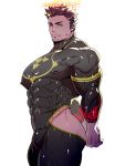  1boy ass bara black_hair bodysuit bulge chest clothing_cutout covered_abs covered_navel covered_nipples cowboy_shot facial_hair fire from_side halo looking_at_viewer mabataki male_focus manly muscle red_eyes short_hair solo stubble thick_thighs thigh_cutout thighs tokyo_houkago_summoners white_background yellow_eyes zabaniya_(tokyo_houkago_summoners) 