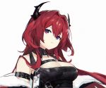  1girl arknights arm_strap banxuan_c2ka blurry breasts cleavage depth_of_field hair_between_eyes hair_intakes horns long_hair looking_at_viewer medium_breasts parted_lips purple_eyes red_hair simple_background solo surtr_(arknights) upper_body 