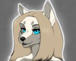  anthro blue_eyes brown_hair canid canine canis catherinemeow female fur grey_body grey_fur hair mammal multicolored_body multicolored_fur open_mouth open_smile simple_background smile solo two_tone_body two_tone_fur white_body white_fur wolf 