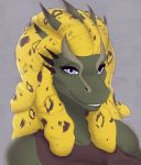  anthro blonde_hair blue_eyes breasts capcom catherinemeow female green_body hair hi_res horn leviathan_(mh) ludroth monster_hunter non-mammal_breasts open_mouth open_smile reptile scalie simple_background smile solo teeth video_games 