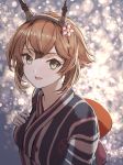  1girl brown_hair fireworks flower green_eyes hair_flower hair_ornament highres japanese_clothes kantai_collection kimono mutsu_(kantai_collection) ninimaru short_hair yukata 