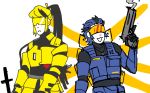  2others :3 :d armor black_bodysuit blonde_hair blue_hair blue_theme bodysuit english_commentary expressionless flat_color glowing glowing_wings gun hair_slicked_back handgun head_mounted_display high_ponytail holding holding_gun holding_weapon insignia long_hair mecha_danshi mechanical_wings mspaint multicolored_hair multiple_others onewholeunit open_mouth orange_wings personification pistol ponytail sidelocks smile streaked_hair sword swordsmachine trigger_discipline turtleneck two-tone_hair ultrakill v1_(ultrakill) vest visor weapon white_background wings yellow_theme 