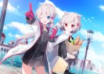  2girls ;d a.a_(aa772) animal animal_ears azur_lane bag baguette bangs bird black_dress black_gloves black_jacket blue_eyes blue_sky bread closed_mouth cloud commentary_request day denver_(azur_lane) dress eyebrows_visible_through_hair food gloves grey_hair grocery_bag hair_between_eyes hair_ornament hairclip holding jacket lamp low_twintails map montpelier_(azur_lane) multiple_girls one_eye_closed open_clothes open_jacket open_mouth outdoors outstretched_arm paper_bag pointing red_eyes red_gloves river shopping_bag short_sleeves short_twintails sky smile sweat twintails v-shaped_eyebrows water white_jacket 