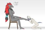  absol anthro breasts chair dialogue duo english_text female foot_fetish furniture good_boy hi_res larger_female male male/female nintendo nipples pok&eacute;mon pok&eacute;mon_(species) size_difference text video_games waterinacup zoroark 