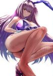  1girl animal_ears bangs bare_shoulders breasts bunny_ears bunny_tail bunnysuit cleavage detached_collar fake_animal_ears fate/grand_order fate_(series) fishnet_legwear fishnets high_heels highres large_breasts legs leotard long_hair looking_at_viewer piercing_bunny purple_hair purple_leotard purple_neckwear red_eyes scathach_(fate)_(all) scathach_(fate/grand_order) simple_background strapless strapless_leotard tail uenoryoma white_background wrist_cuffs 