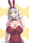  1girl alternate_costume animal_ears breasts bunny_ears bunny_girl bunnysuit carmilla_(fate/grand_order) covered_navel curly_hair detached_collar fake_animal_ears fate/grand_order fate_(series) fishnet_legwear fishnets grey_hair highres large_breasts leotard long_hair pantyhose red_eyes red_leotard solo strapless strapless_leotard upper_body zumizu 