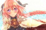  1boy absurdres armor astolfo_(fate) bangs black_bow blood blush bow braid cloak eyebrows_visible_through_hair fate/apocrypha fate/grand_order fate_(series) fur-trimmed_cloak fur_collar fur_trim gorget hair_bow hair_intakes highres huge_filesize injury long_hair long_sleeves looking_at_viewer male_focus multicolored_hair otoko_no_ko pink_hair purple_eyes single_braid smile solo streaked_hair two-tone_hair upper_body usuba-kagerou white_cloak white_hair 