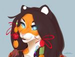  anthro black_hair blue_eyes catherinemeow felid female fur hair mammal multicolored_body multicolored_fur open_mouth open_smile orange_body orange_fur pantherine simple_background smile solo tiger two_tone_body two_tone_fur white_body white_fur 