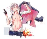  1girl absurdres black_neckwear breasts cocoka explosion girls_frontline gloves half_gloves highres jacket jacket_removed long_hair medium_breasts navel open_clothes open_shirt purple_eyes shirt signature silver_hair sl8_(girls_frontline) torn_clothes torn_shirt white_background white_shirt 