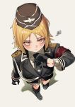  1girl absurdres akitaka_takaaki black_footwear black_gloves black_headwear black_neckwear black_shirt blonde_hair boots brown_background brown_eyes collared_shirt from_above girls_frontline gloves half_gloves hat highres knee_boots long_sleeves military military_hat military_uniform mp40_(girls_frontline) necktie shirt short_hair simple_background solo squiggle uniform white_shirt 