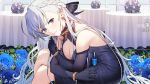  1girl alcohol alternate_costume artist_request azur_lane bangs bare_shoulders belfast_(azur_lane) belfast_(the_noble_attendant)_(azur_lane) blush bracelet braid breasts chain cleavage crossed_legs cup dress elbow_gloves french_braid game_cg gloves hair_ribbon halter_dress holding holding_cup jewelry large_breasts long_hair looking_at_viewer official_art purple_eyes ribbon silver_hair sitting smile solo 