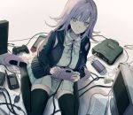  1girl bangs danganronpa game_console hair_ornament hairclip handheld_game_console highres iumi_urura looking_up medium_hair nanami_chiaki nintendo_3ds nintendo_64 nintendo_switch playstation_2 playstation_vita purple_eyes purple_hair seiza sitting solo super_danganronpa_2 thighhighs 