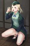  1girl black_bra black_footwear black_jacket black_panties blonde_hair bra bra_peek breasts button_gap clothed_masturbation fellatio_gesture fingering flugel_(kaleido_scope-710) garrison_cap girls_frontline green_jacket green_shirt green_skirt grey_eyes hat high_heels highres jacket long_sleeves masturbation miniskirt open_clothes open_jacket open_mouth panties panties_aside pencil_skirt pussy_juice serdyukov_(girls_frontline) shirt skirt small_breasts squatting tongue tongue_out underwear 