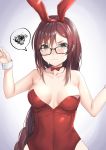  1girl absurdres animal_ears bangs bare_shoulders blush braid breasts brown_hair bunny_ears bunnysuit cleavage closed_mouth collarbone consort_yu_(fate) covered_navel earrings fake_animal_ears fate/grand_order fate_(series) fou_(ssqseeker) glasses grey_eyes highres jewelry leotard long_hair looking_at_viewer medium_breasts multiple_earrings red_leotard spoken_squiggle squiggle strapless strapless_leotard very_long_hair wrist_cuffs 