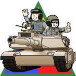  2boys caterpillar_tracks emblem english_commentary fallout_(series) ground_vehicle gun hand_up hat m1_abrams machine_gun military military_hat military_uniform military_vehicle motor_vehicle multiple_boys one_eye_closed smile tank thumbs_up uniform vault_boy weapon white_background wwwww_(sswwwww) 
