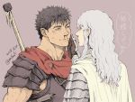  2boys androgynous armor berserk black_hair blood blue_eyes brown_eyes cape couple dragonslayer_(sword) facial_scar griffith_(berserk) guts_(berserk) hand_on_another&#039;s_cheek hand_on_another&#039;s_face long_hair looking_at_another male_focus multiple_boys muscle nose_scar nosebleed pauldrons scar scarf short_hair shoulder_armor toned toned_male translation_request twitter_username upper_body wavy_hair white_cape white_hair zonzgong 